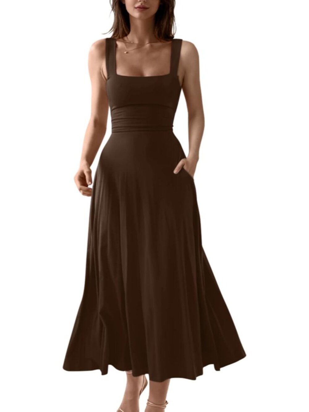 〽️Women's Brown Square Neck Side Pocket Sleeveless Wedding Guest PartyMaxi Dress